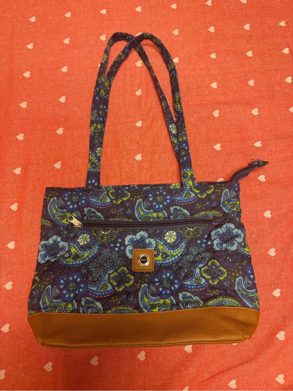 Paisley-Print Blue Shoulder Bag with Brown Trim
